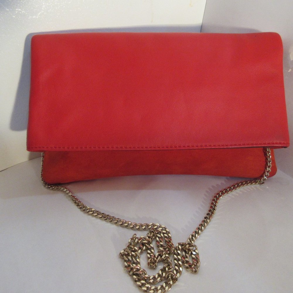 Karen Millen Patent Suede Flap Clutch Bag Red Leather/Suede